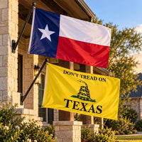 Texas State Flag and Don't Tread on Texas Flag 3x5 2-Pack displayed outdoors