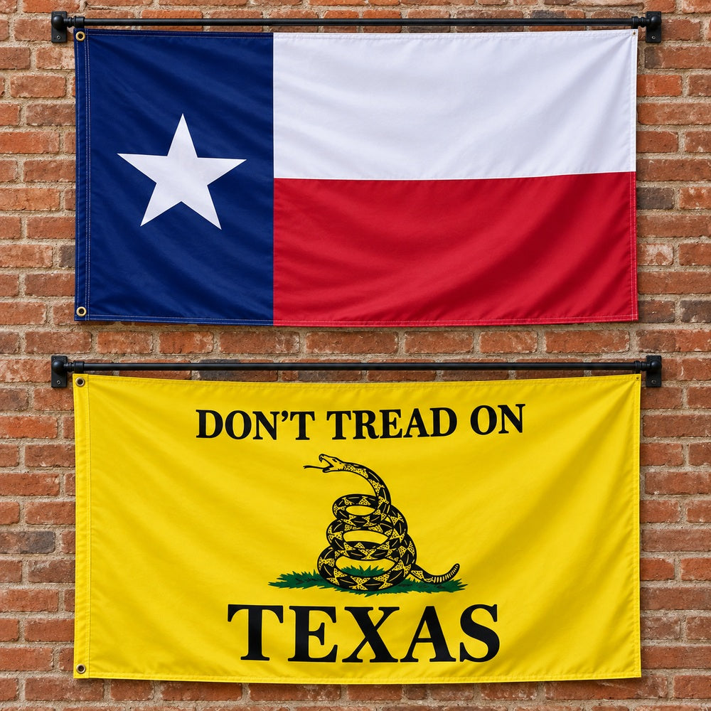 Texas State Flag and Don't Tread on Texas Flag 3x5 2-Pack displayed outdoors
