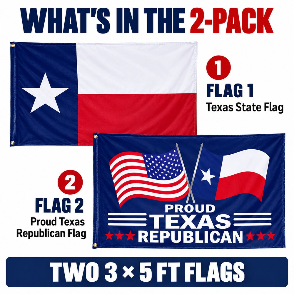 Texas State Flag and Proud Texas Republican Flag 3x5 2-Pack features and size details