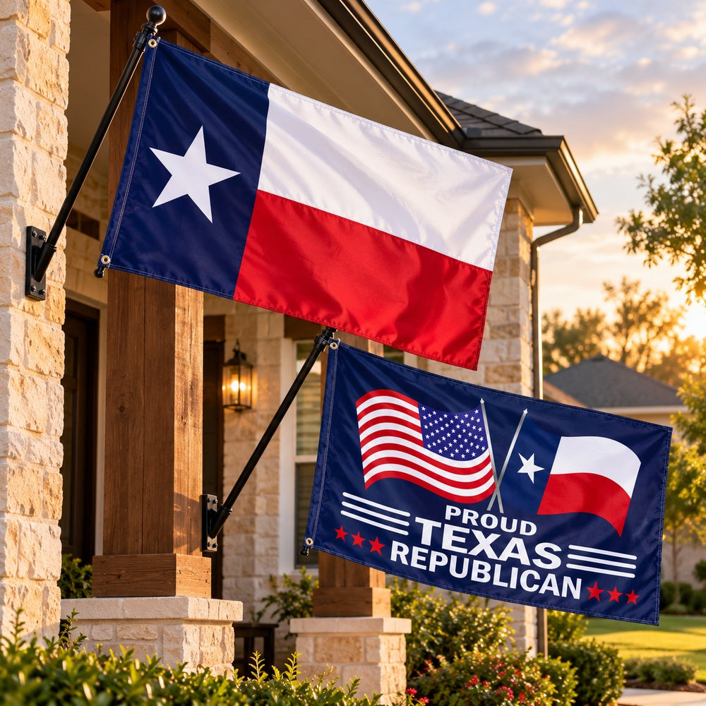 Texas State Flag and Proud Texas Republican Flag 3x5 2-Pack displayed outdoors
