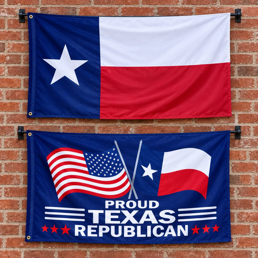 Texas State Flag and Proud Texas Republican Flag 3x5 2-Pack displayed outdoors