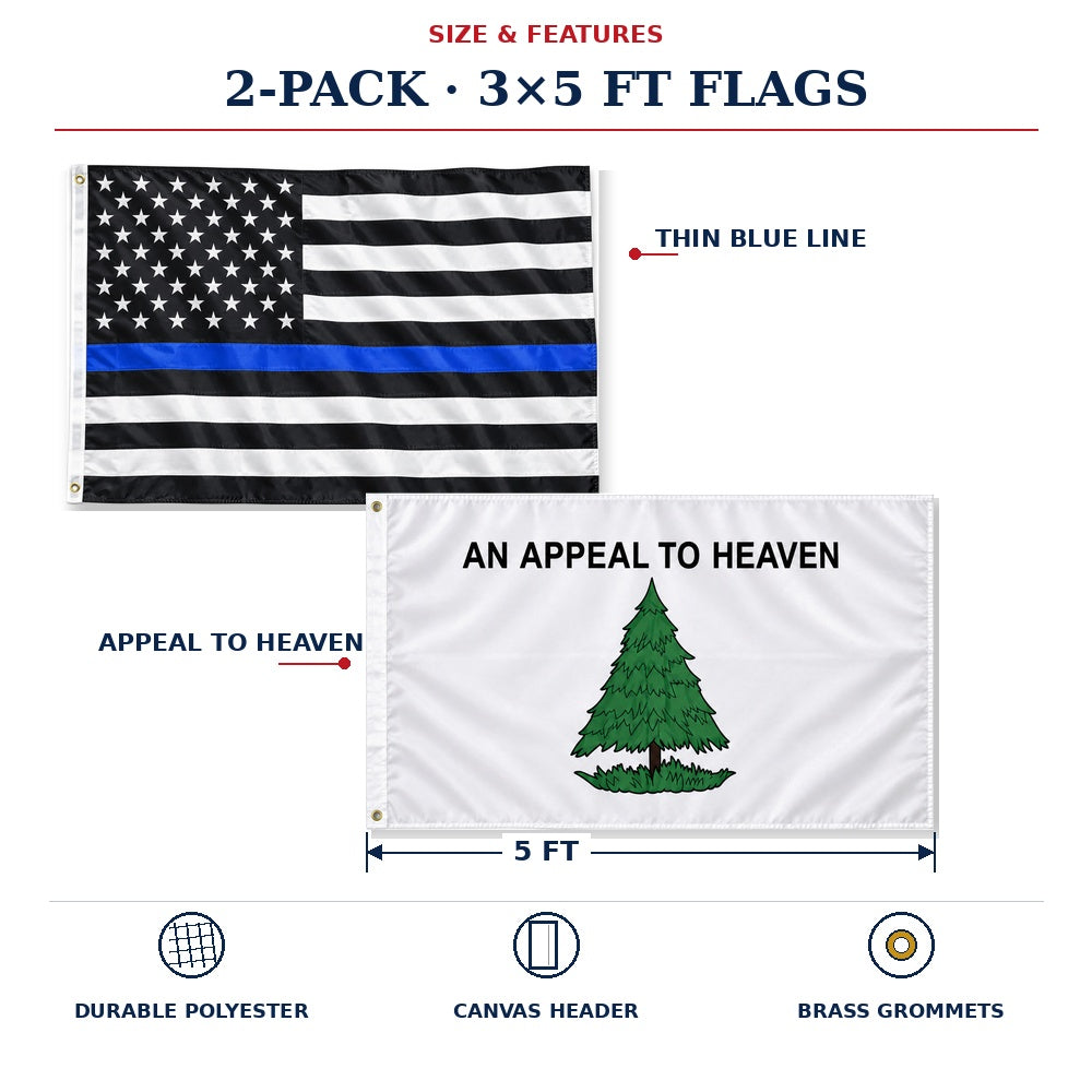 Thin Blue Line and Appeal to Heaven Flags 3x5 2-Pack features and size details