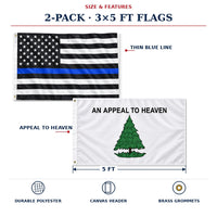 Thin Blue Line and Appeal to Heaven Flags 3x5 2-Pack features and size details