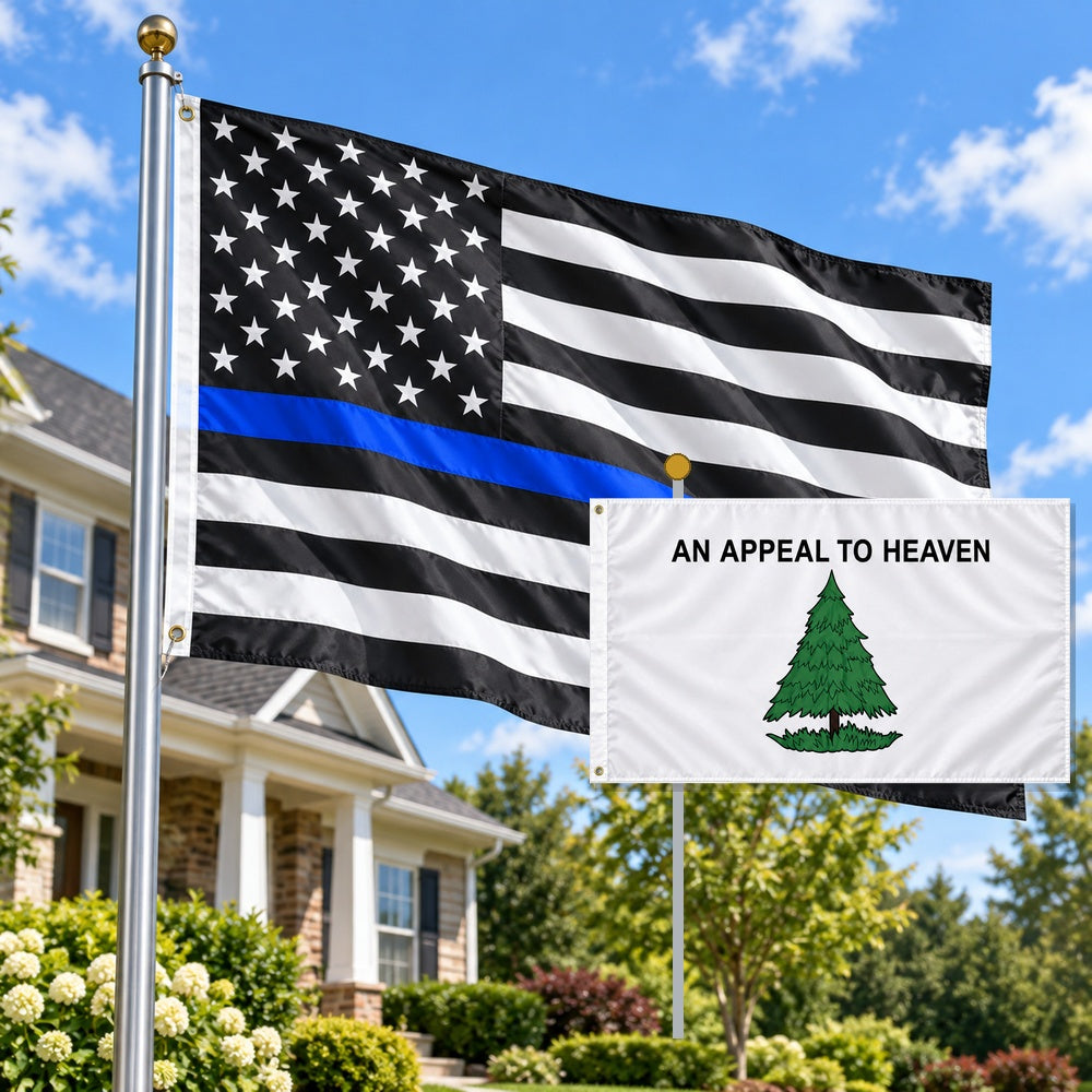 Thin Blue Line and Appeal to Heaven Flags 3x5 2-Pack displayed outdoors
