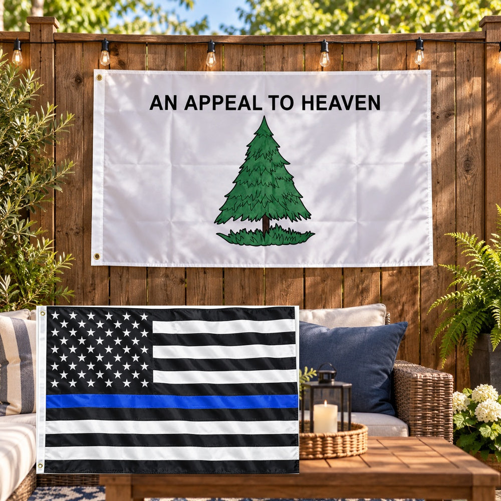 Thin Blue Line and Appeal to Heaven Flags 3x5 2-Pack displayed outdoors