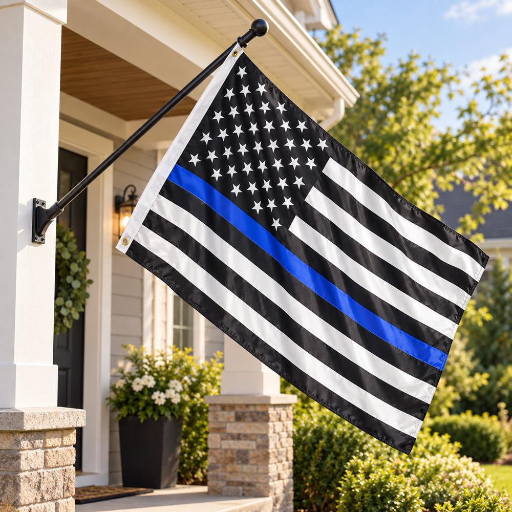 Thin Blue Line American Flag 3x5 displayed outdoors