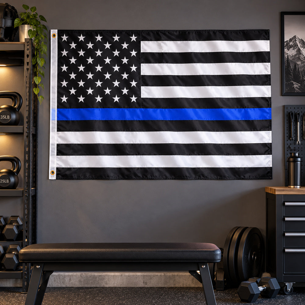 Thin Blue Line American Flag 3x5 displayed outdoors