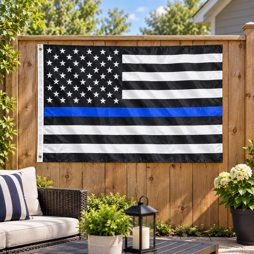 Thin Blue Line American Flag 3x5 displayed outdoors