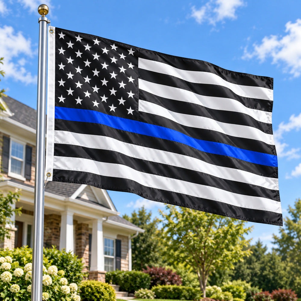 Thin Blue Line American Flag 3x5 displayed outdoors