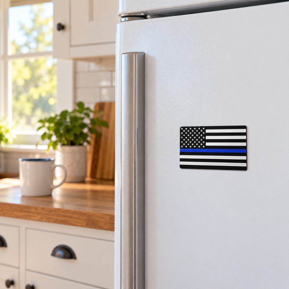 Thin Blue Line Magnet 3x5 inch on a refrigerator