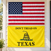 Heavy Duty American Flag and Don't Tread on Texas Flag 3x5 2-Pack displayed outdoors
