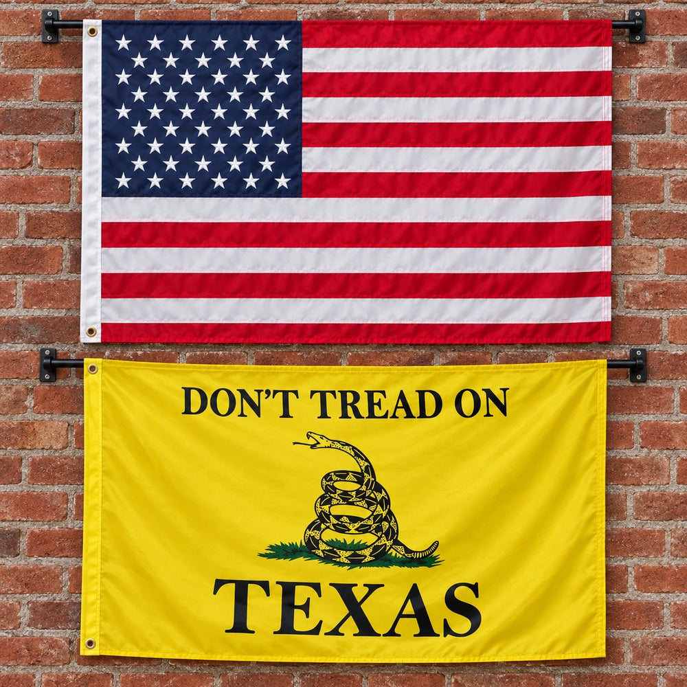 Heavy Duty American Flag and Don't Tread on Texas Flag 3x5 2-Pack displayed outdoors