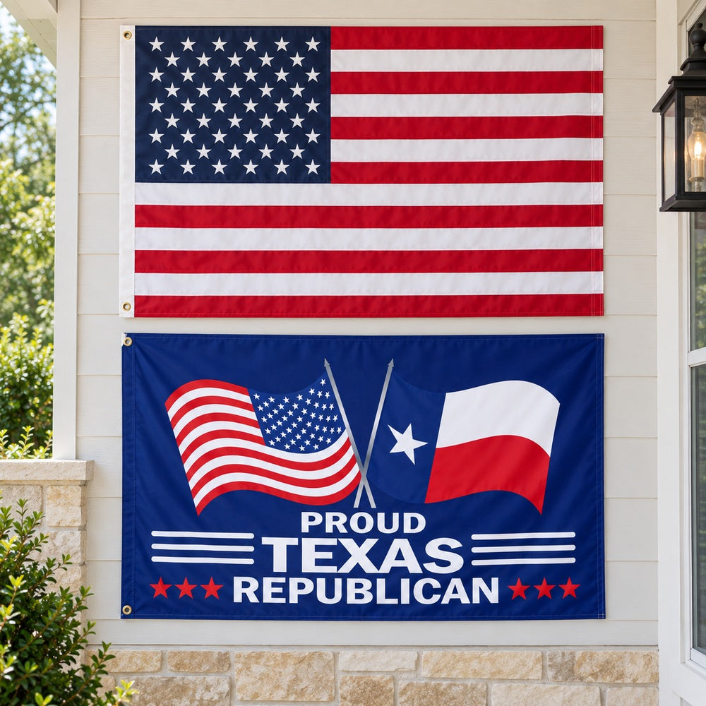 Heavy Duty American Flag and Proud Texas Republican Flag 3x5 2-Pack displayed outdoors