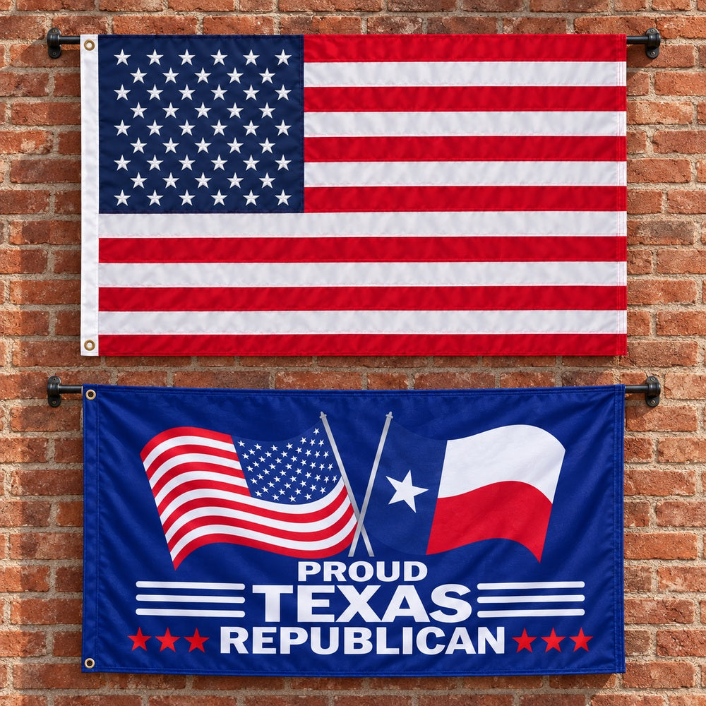Heavy Duty American Flag and Proud Texas Republican Flag 3x5 2-Pack displayed outdoors