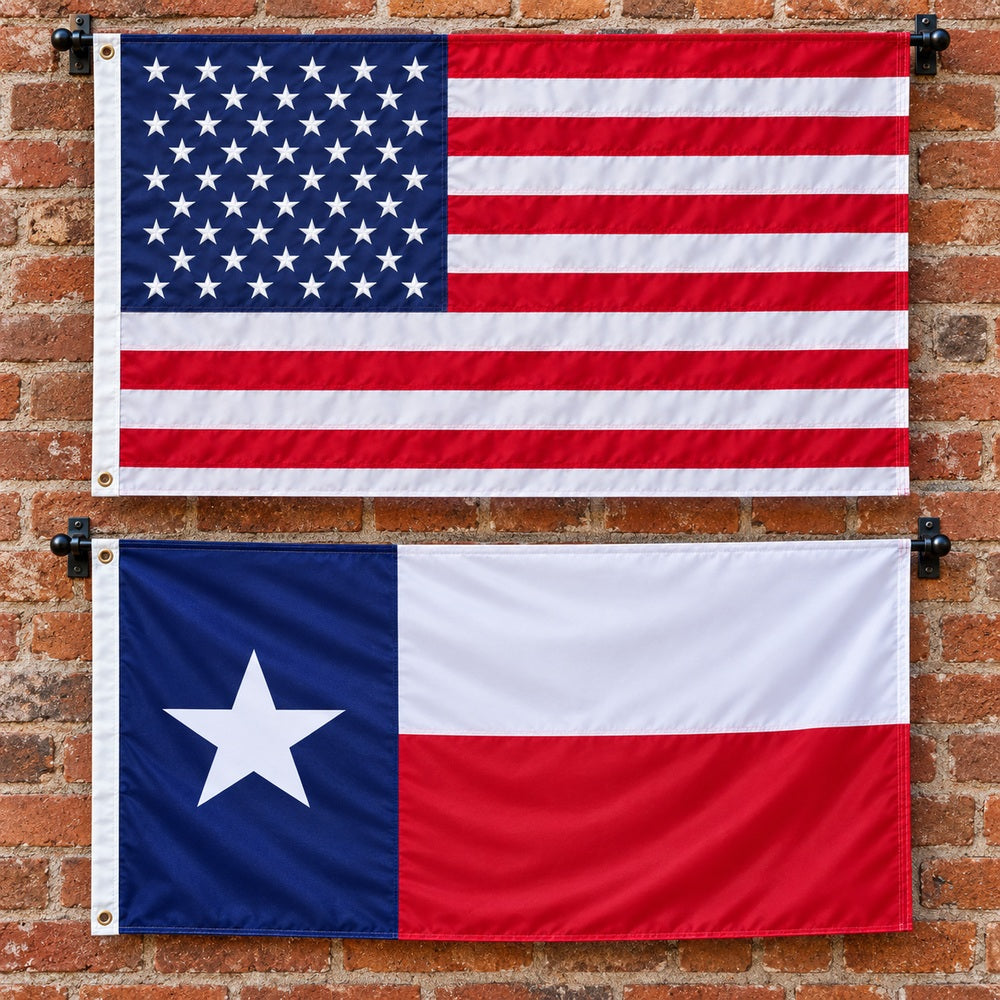 Heavy Duty American Flag and Texas State Flag 3x5 2-Pack displayed outdoors