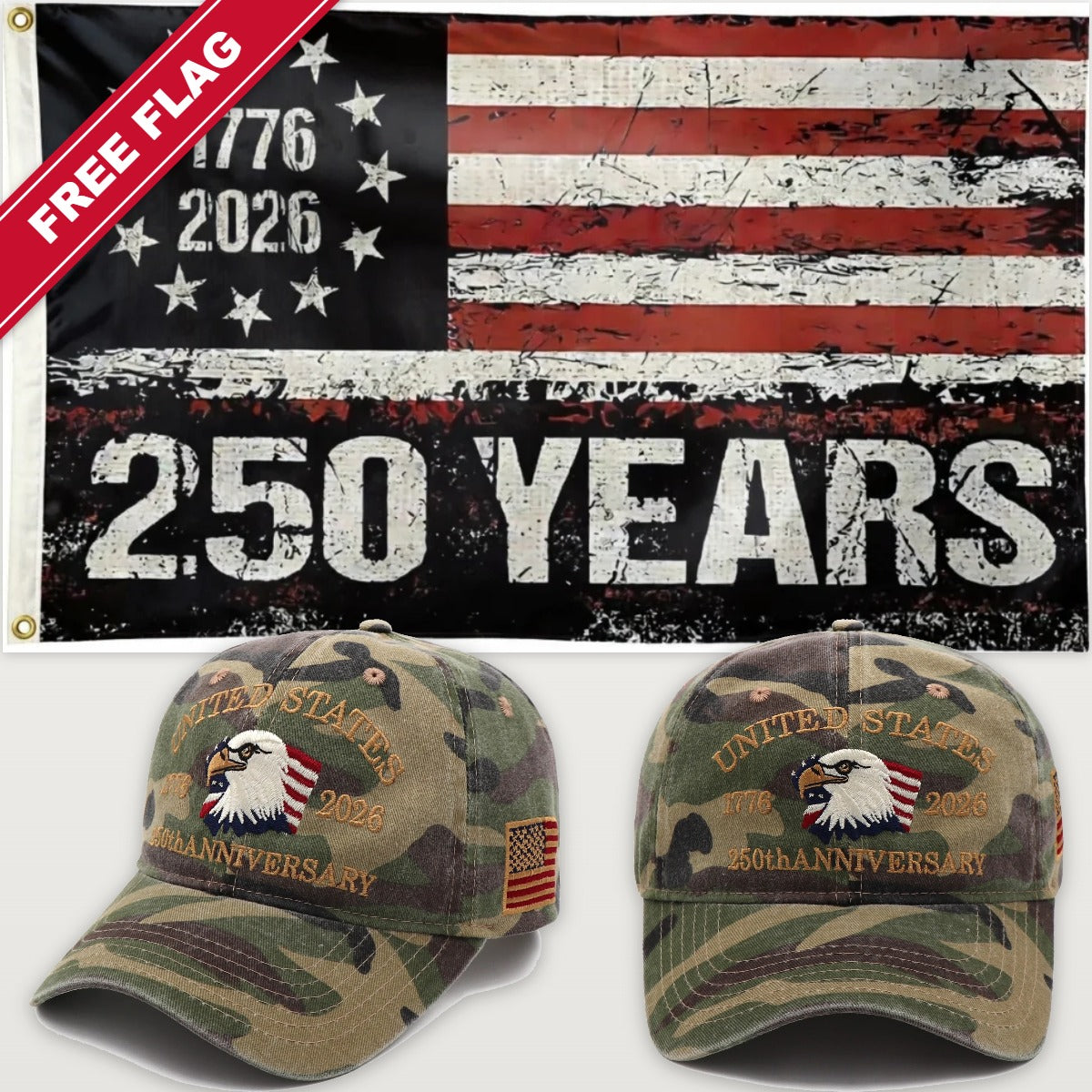 Camouflage Eagle Hat + 250 Years Distressed Flag - USA 250th Eagle Hat & Flag Bundle
