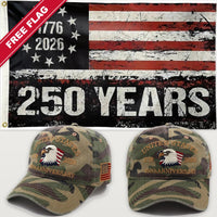 Camouflage Eagle Hat + 250 Years Distressed Flag - USA 250th Eagle Hat & Flag Bundle