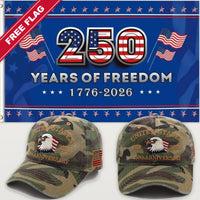 Camouflage Eagle Hat + 250 Years of Freedom Flag (Blue) - USA 250th Eagle Hat & Flag Bundle