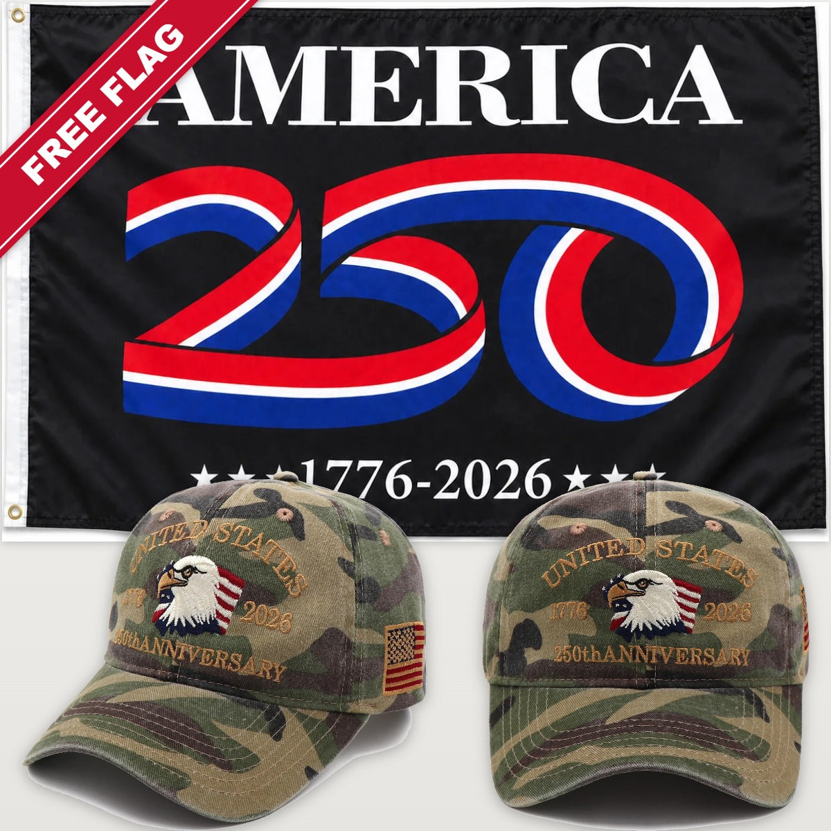 Camouflage Eagle Hat + America 250 Flag (Black) - USA 250th Eagle Hat & Flag Bundle
