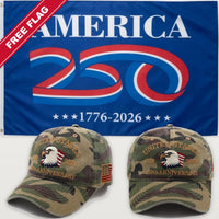 Camouflage Eagle Hat + America 250 Flag (Blue) - USA 250th Eagle Hat & Flag Bundle