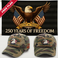 Camouflage Eagle Hat + Black Eagle 250 Years of Freedom Flag - USA 250th Eagle Hat & Flag Bundle