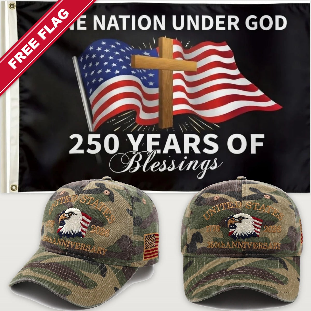 Camouflage Eagle Hat + One Nation Under God Flag - USA 250th Eagle Hat & Flag Bundle