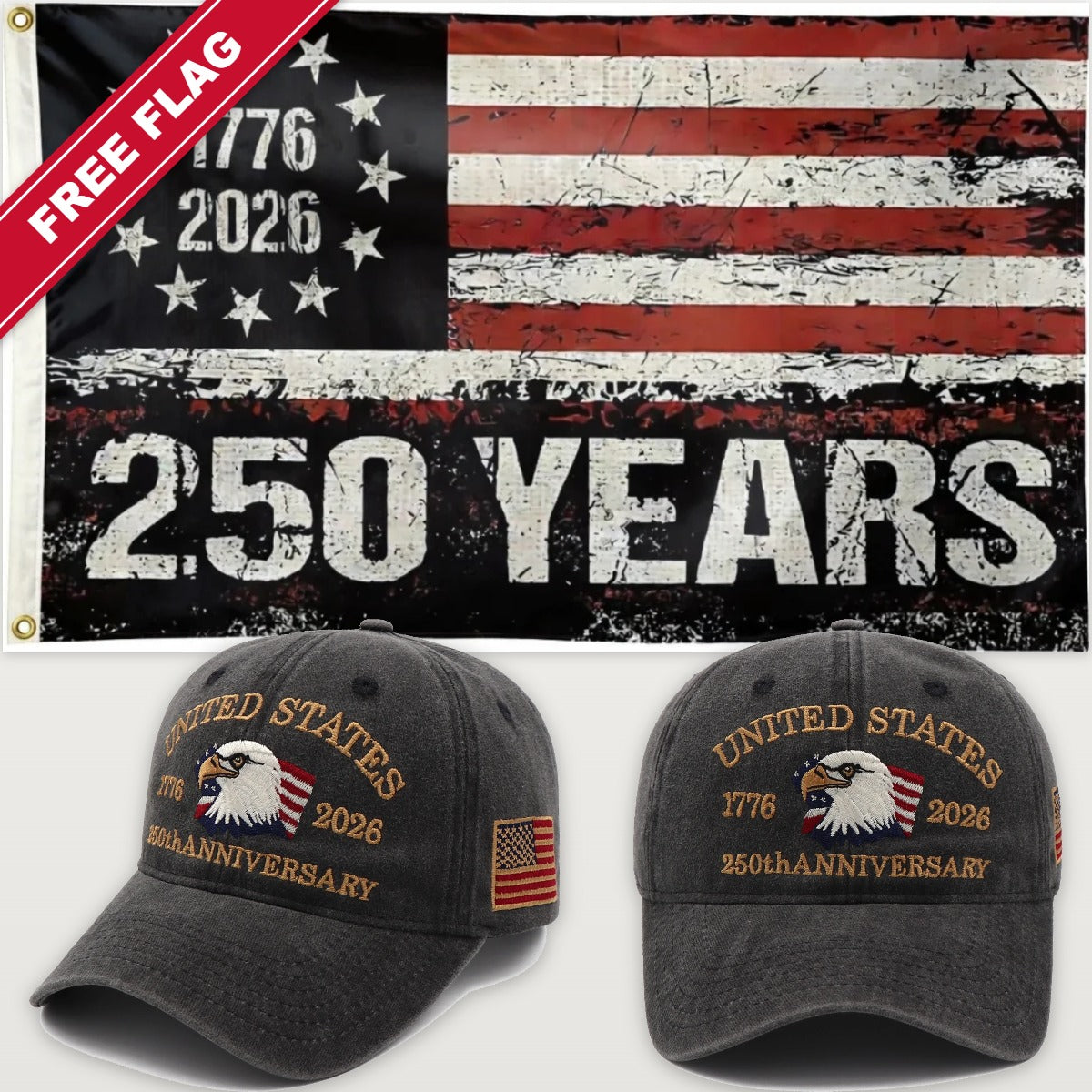 Distressed Charcoal Eagle Hat + 250 Years Distressed Flag - USA 250th Eagle Hat & Flag Bundle