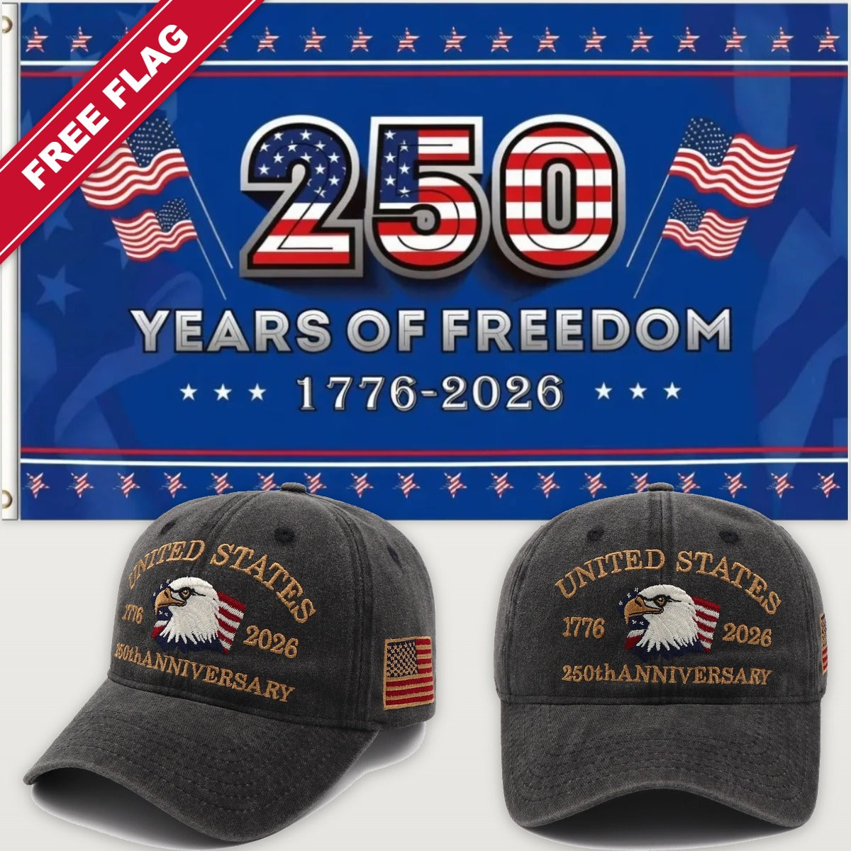 Distressed Charcoal Eagle Hat + 250 Years of Freedom Flag (Blue) - USA 250th Eagle Hat & Flag Bundle