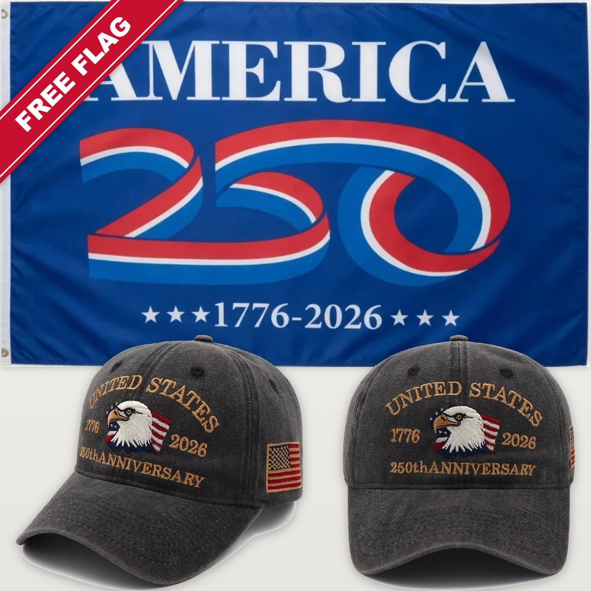 Distressed Charcoal Eagle Hat + America 250 Flag (Blue) - USA 250th Eagle Hat & Flag Bundle
