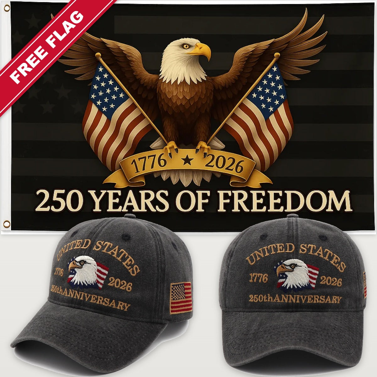 Distressed Charcoal Eagle Hat + Black Eagle 250 Years of Freedom Flag - USA 250th Eagle Hat & Flag Bundle