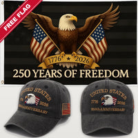 Distressed Charcoal Eagle Hat + Black Eagle 250 Years of Freedom Flag - USA 250th Eagle Hat & Flag Bundle