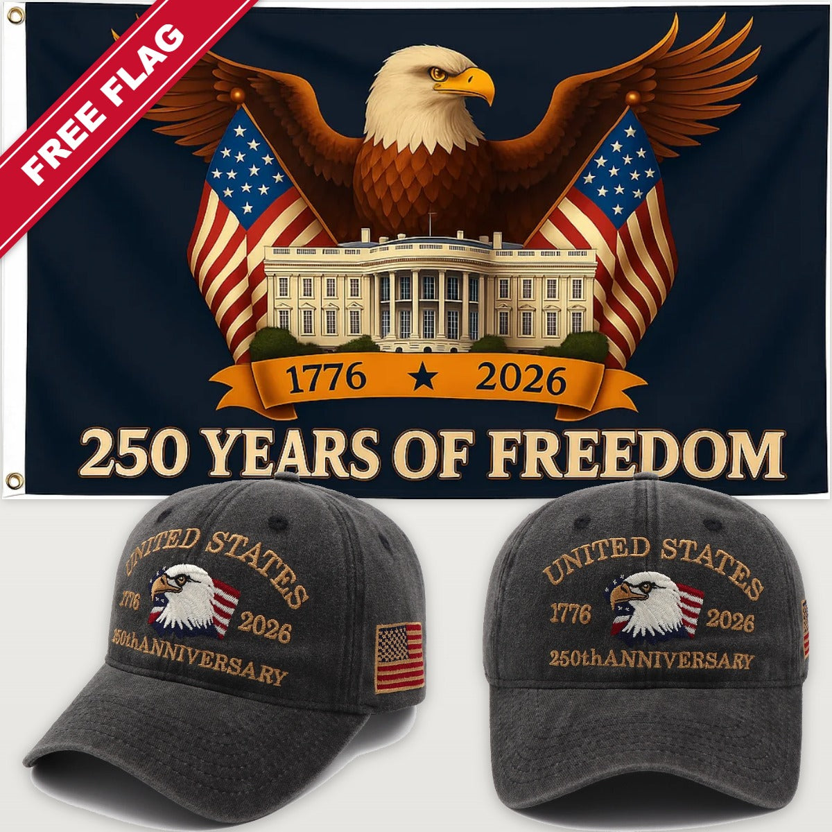 Distressed Charcoal Eagle Hat + Eagle & White House Flag - USA 250th Eagle Hat & Flag Bundle