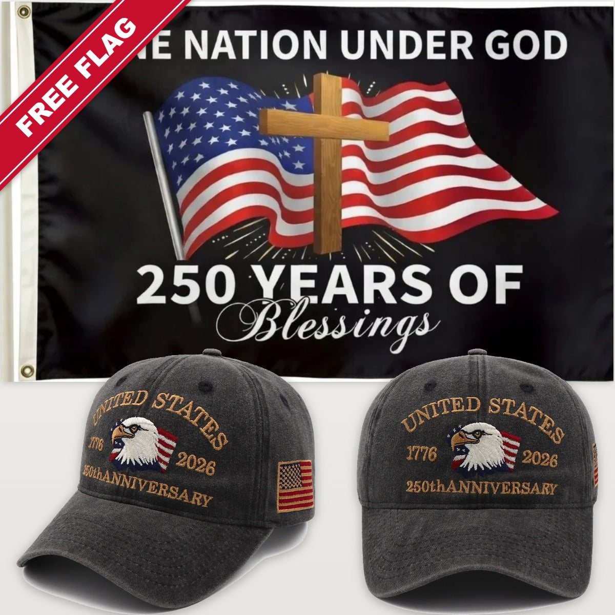 Distressed Charcoal Eagle Hat + One Nation Under God Flag - USA 250th Eagle Hat & Flag Bundle
