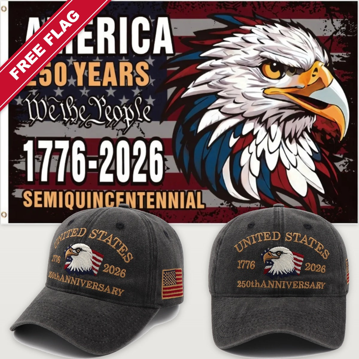 Distressed Charcoal Eagle Hat + Semiquincentennial Eagle Flag - USA 250th Eagle Hat & Flag Bundle