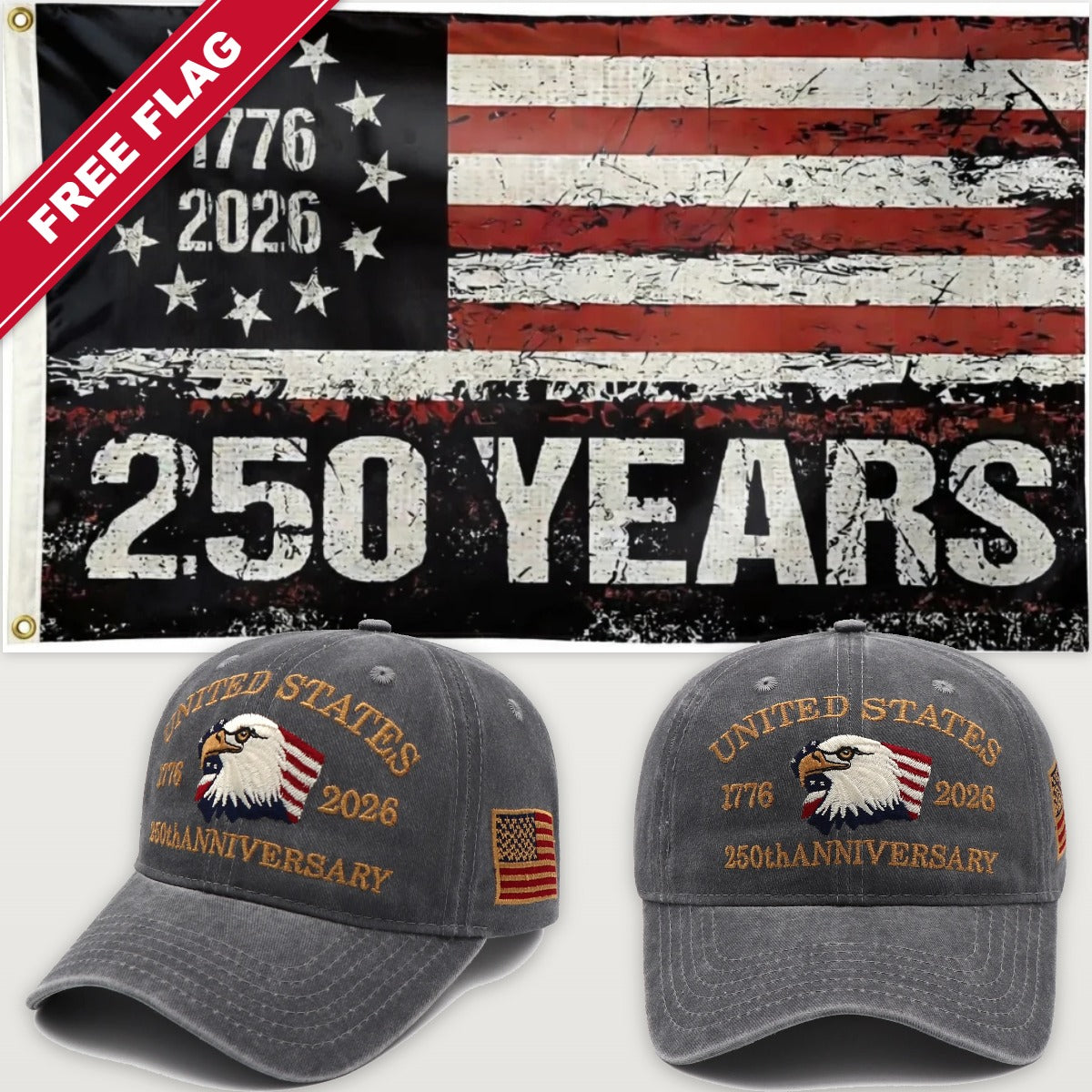 Gray Eagle Hat + 250 Years Distressed Flag - USA 250th Eagle Hat & Flag Bundle