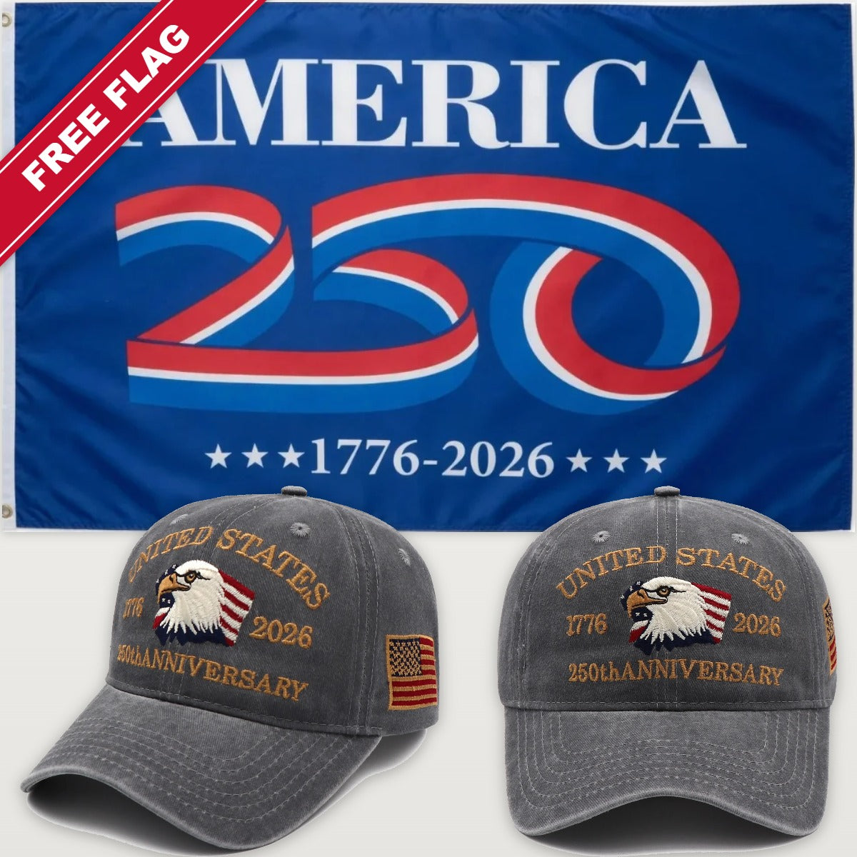 Gray Eagle Hat + America 250 Flag (Blue) - USA 250th Eagle Hat & Flag Bundle
