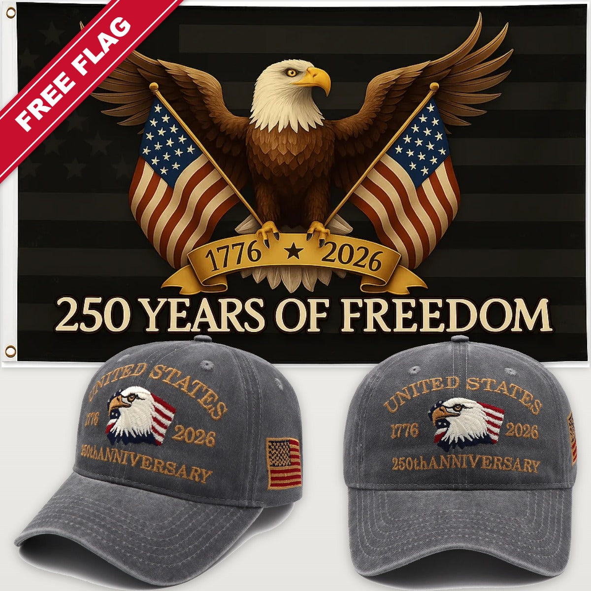 Gray Eagle Hat + Black Eagle 250 Years of Freedom Flag - USA 250th Eagle Hat & Flag Bundle