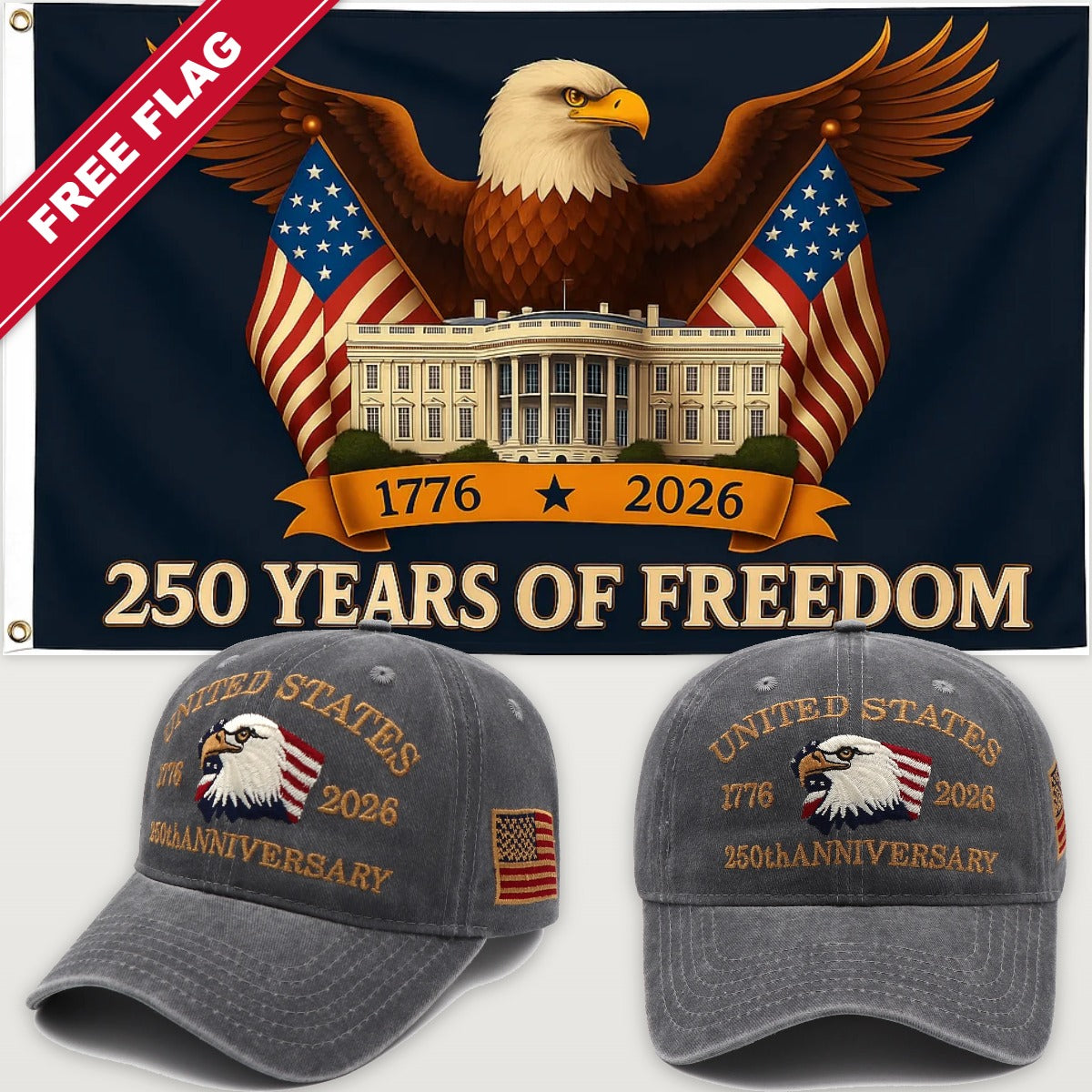 Gray Eagle Hat + Eagle & White House Flag - USA 250th Eagle Hat & Flag Bundle