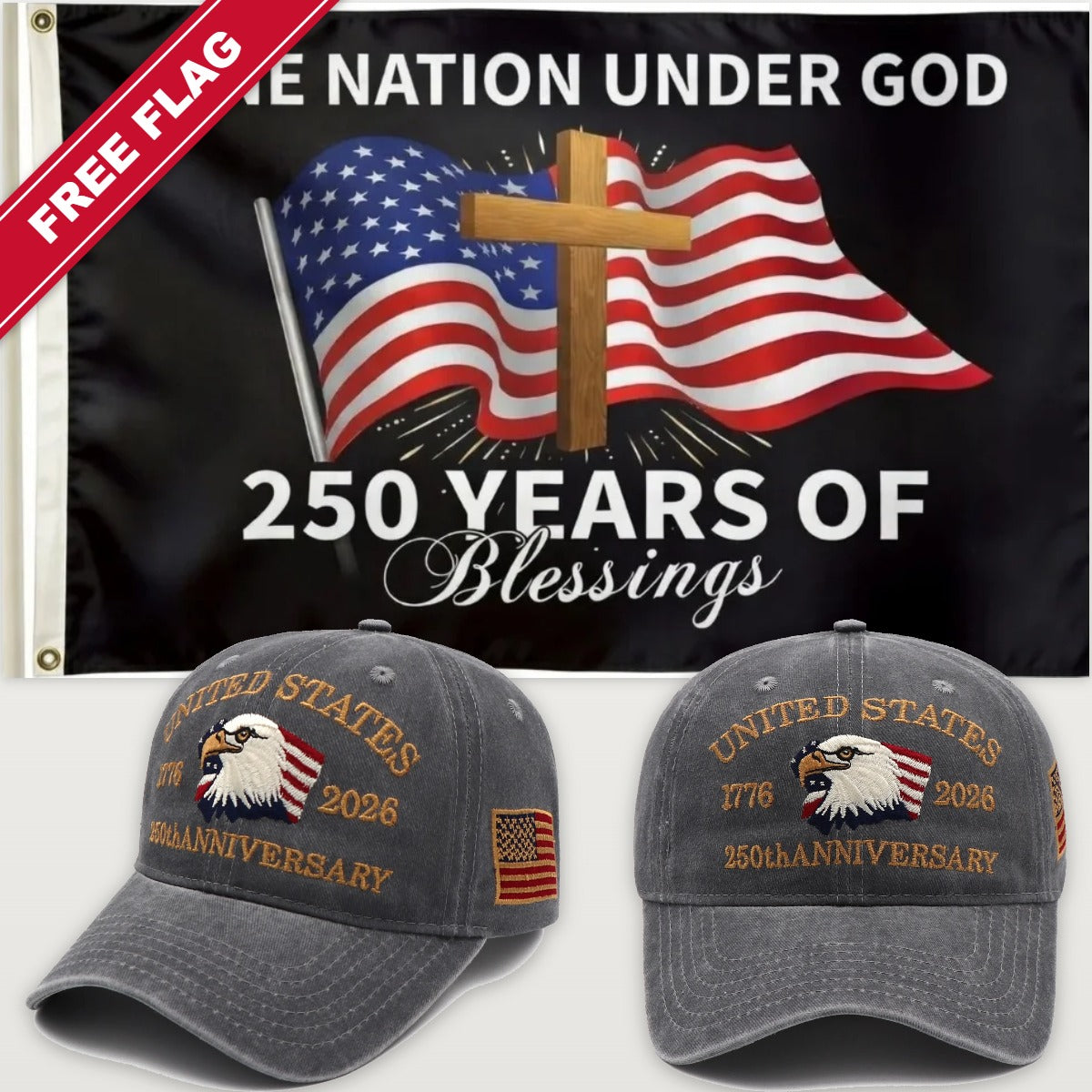 Gray Eagle Hat + One Nation Under God Flag - USA 250th Eagle Hat & Flag Bundle