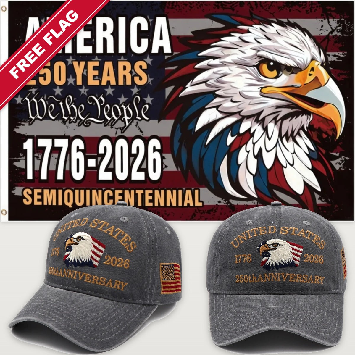 Gray Eagle Hat + Semiquincentennial Eagle Flag - USA 250th Eagle Hat & Flag Bundle