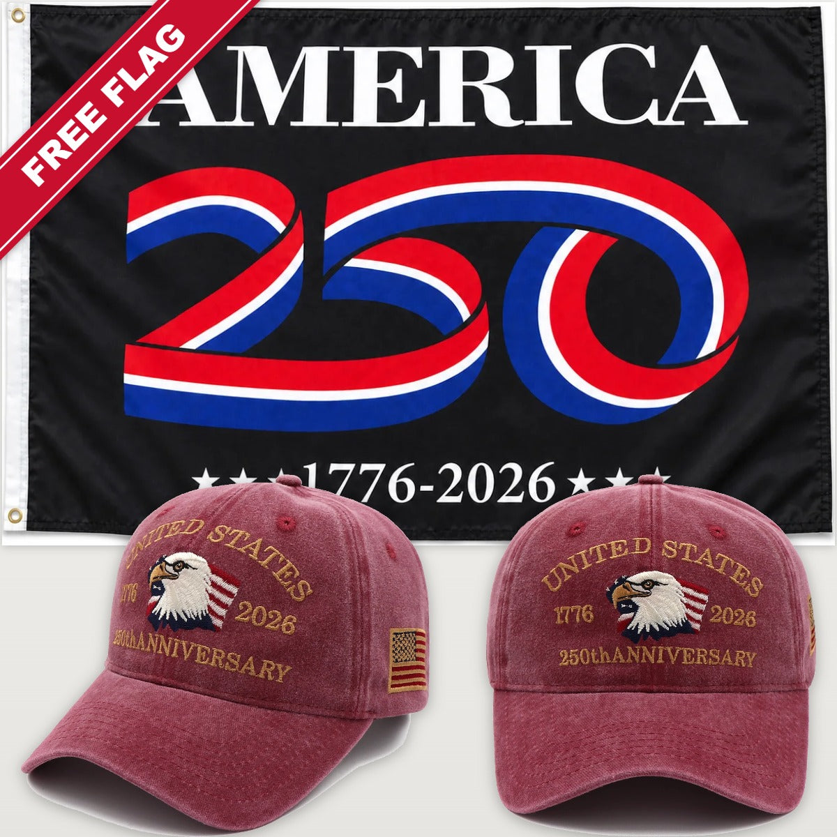Maroon Eagle Hat + America 250 Flag (Black) - USA 250th Eagle Hat & Flag Bundle