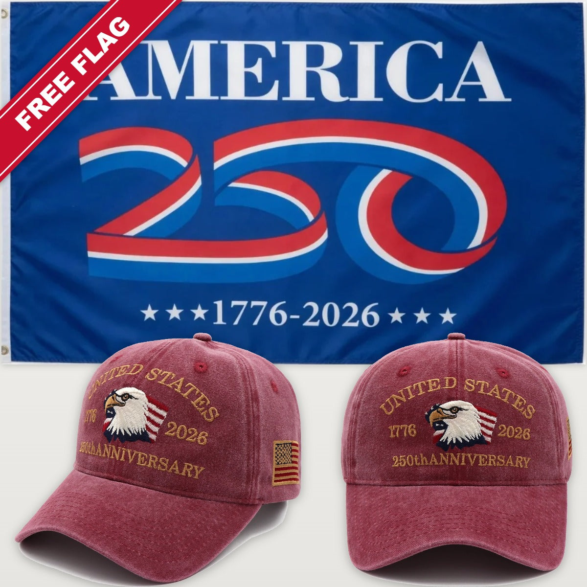 Maroon Eagle Hat + America 250 Flag (Blue) - USA 250th Eagle Hat & Flag Bundle