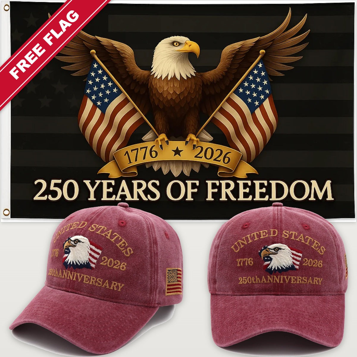 Maroon Eagle Hat + Black Eagle 250 Years of Freedom Flag - USA 250th Eagle Hat & Flag Bundle