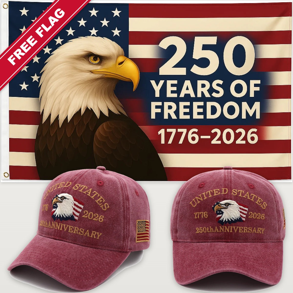 Maroon Eagle Hat + Eagle 250 Years of Freedom Flag - USA 250th Eagle Hat & Flag Bundle