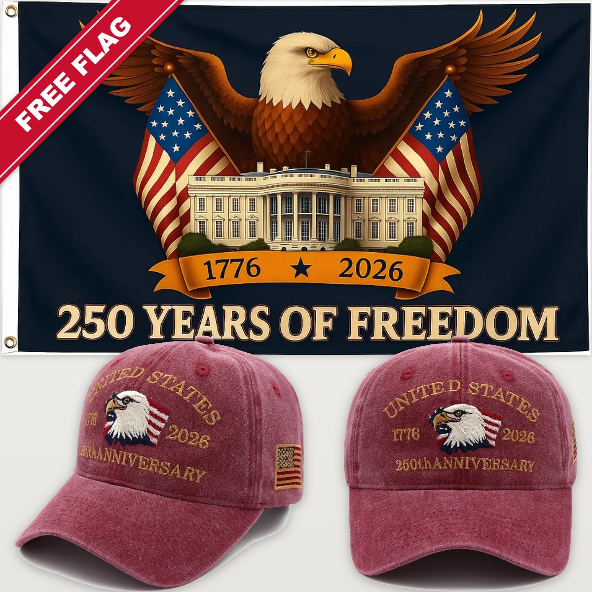 Maroon Eagle Hat + Eagle & White House Flag - USA 250th Eagle Hat & Flag Bundle