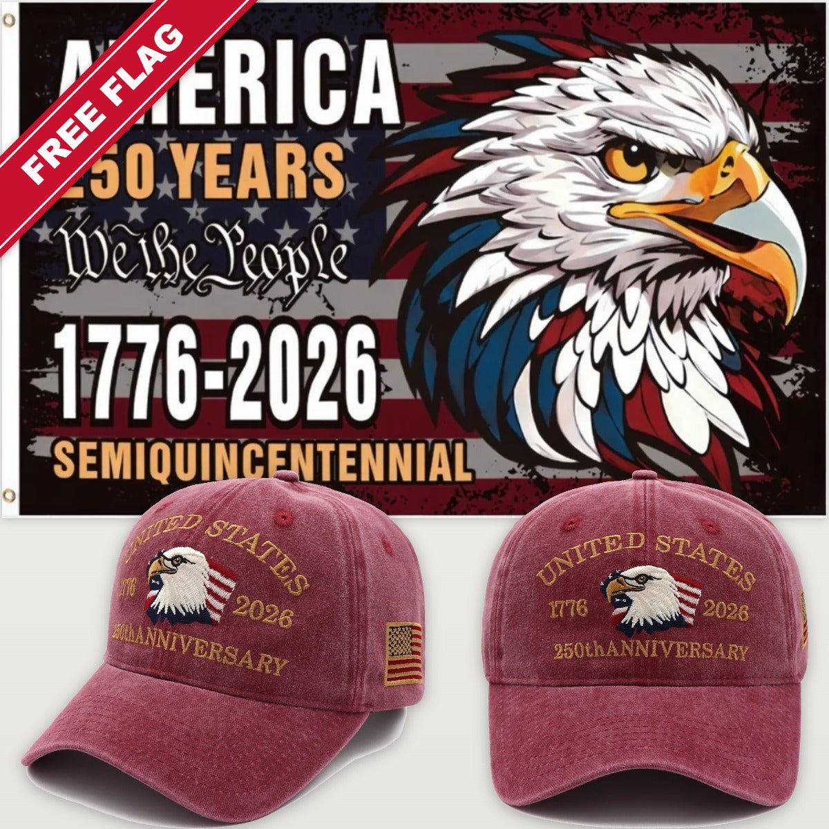 Maroon Eagle Hat + Semiquincentennial Eagle Flag - USA 250th Eagle Hat & Flag Bundle
