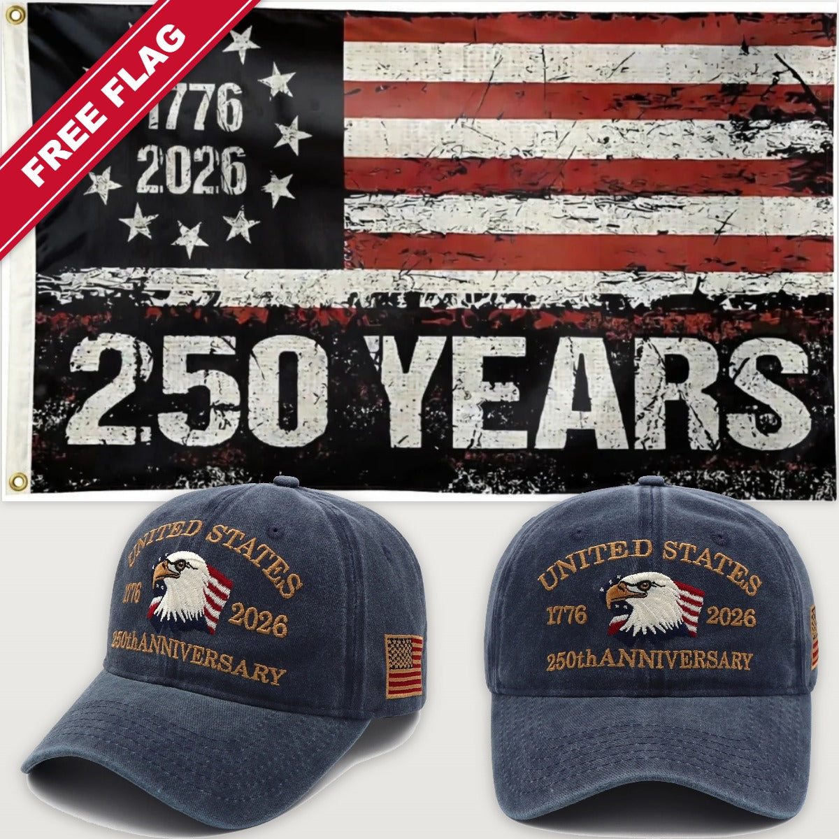 Navy Eagle Hat + 250 Years Distressed Flag - USA 250th Eagle Hat & Flag Bundle