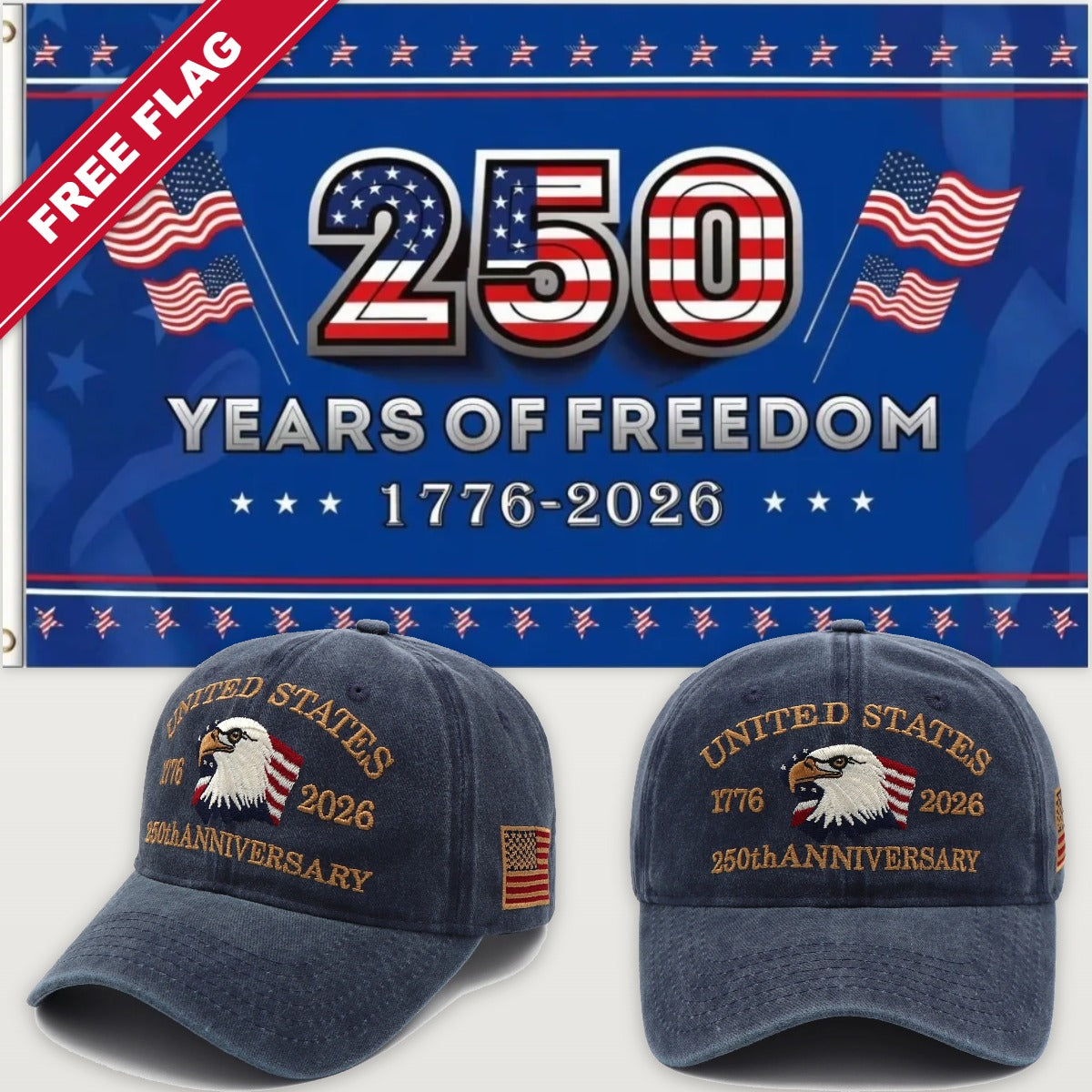 Navy Eagle Hat + 250 Years of Freedom Flag (Blue) - USA 250th Eagle Hat & Flag Bundle
