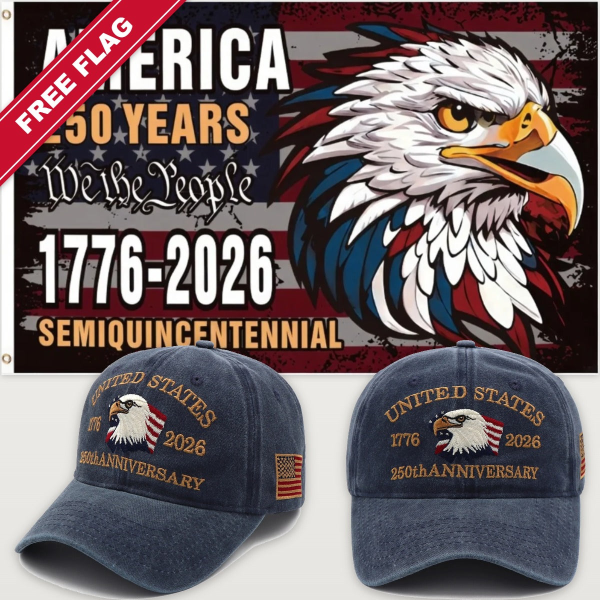Navy Eagle Hat + Semiquincentennial Eagle Flag - USA 250th Eagle Hat & Flag Bundle