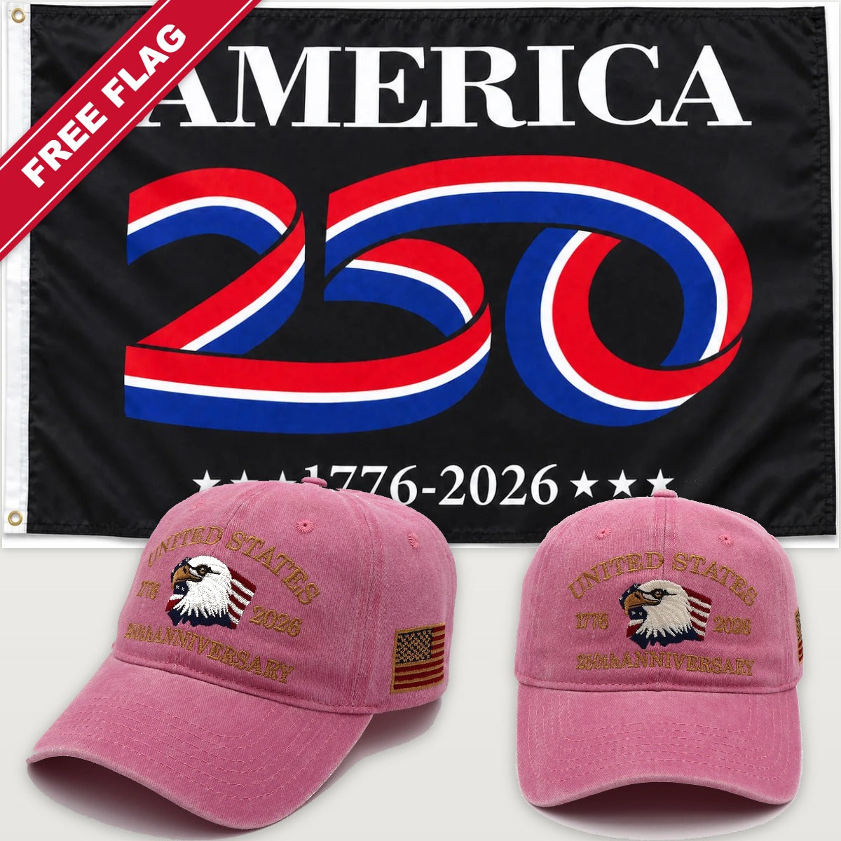 Pink Eagle Hat + America 250 Flag (Black) - USA 250th Eagle Hat & Flag Bundle